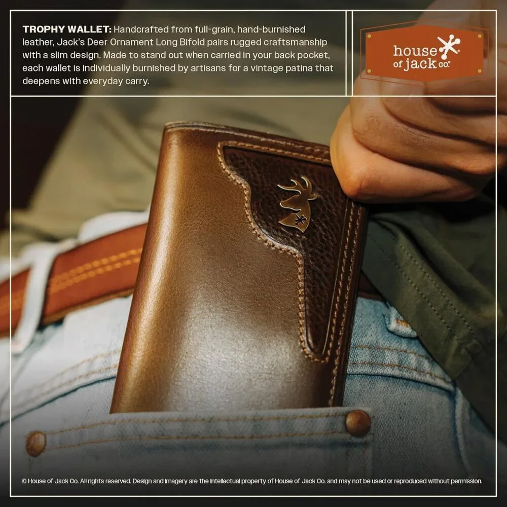 Men's Deer Ornament Long Bifold Leather Brown Wallet Purse Card Design Grain